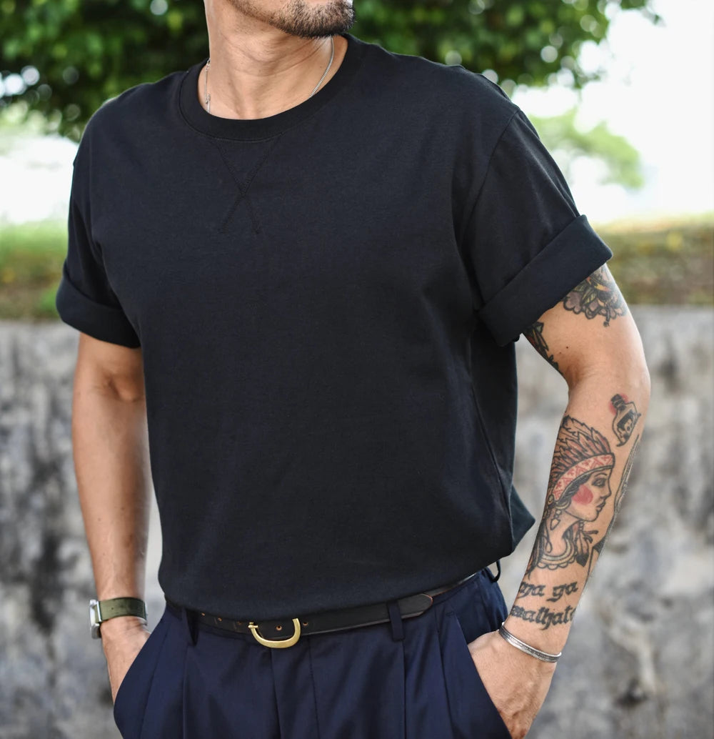 Sauce Zhan Mens T Shirts Cotton T-shirt for Man Vintage Drop Shoulder Sleeve Breathable and Soft 280g Loose Fit