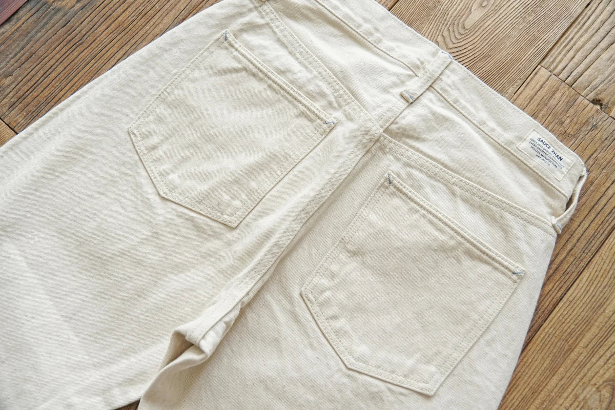 Sauce Zhan Mens Jeans Selvedge Denim White Jeans Regular Fit hight rise 14 Oz One Wash