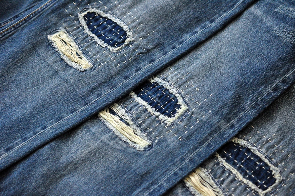 Sauce Zhan Selvedge Denim Jeans Men Ripped Jeans Embroidered Patches Cargo Jeans Distressed Straight Fit 10 Oz