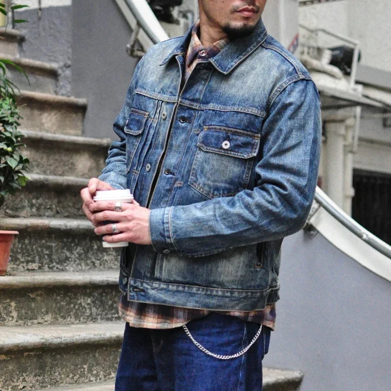 SAUCE ZHAN Distressed Denim Jacket Jean Jacket Men Jeans Men Selvedge Denim Motorcycle Jacket American Casual Wear