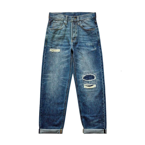 Sauce Zhan Selvedge Denim Jeans Men Ripped Jeans Embroidered Patches Cargo Jeans Distressed Straight Fit 10 Oz