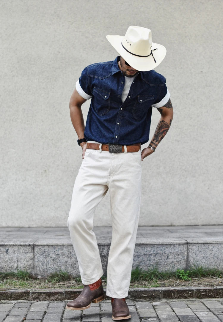 Sauce Zhan Mens Shirts Summer Short Sleeve Vintage Linen Indigo Denim Shirt Double Pockets Regular Fit