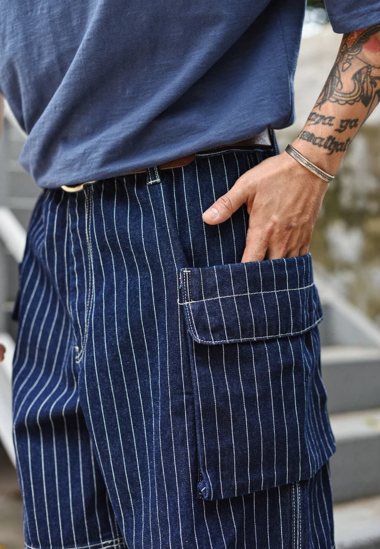Sauce Zhan Mans Short Summer Cargo Shorts Men Stripe Denim Short Multiple Packets Vintage Knee Length Loose shorts Fit