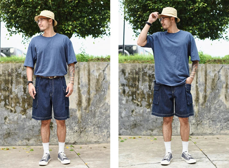 Sauce Zhan Mans Short Summer Cargo Shorts Men Stripe Denim Short Multiple Packets Vintage Knee Length Loose shorts Fit