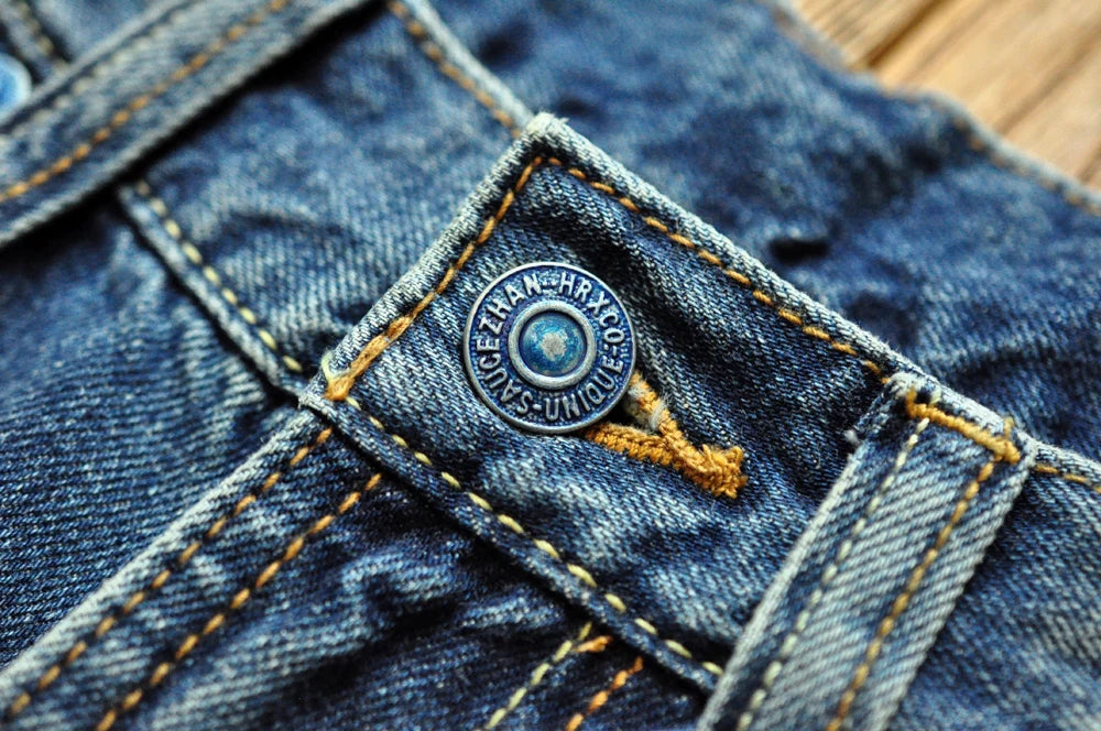 Sauce Zhan Selvedge Denim Jeans Men Ripped Jeans Embroidered Patches Cargo Jeans Distressed Straight Fit 10 Oz