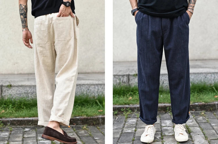 Sauce Zhan Men Pants Linen Pants Men Summer Breathable Casual Pants Ankle-length Loose Fit Taper Leg