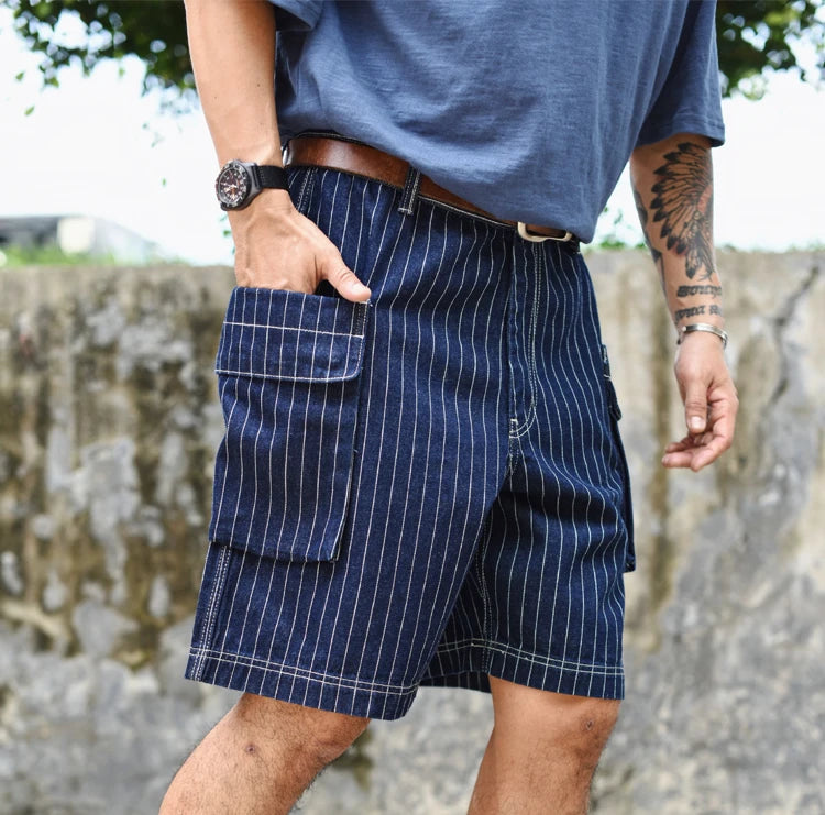 Sauce Zhan Mans Short Summer Cargo Shorts Men Stripe Denim Short Multiple Packets Vintage Knee Length Loose shorts Fit