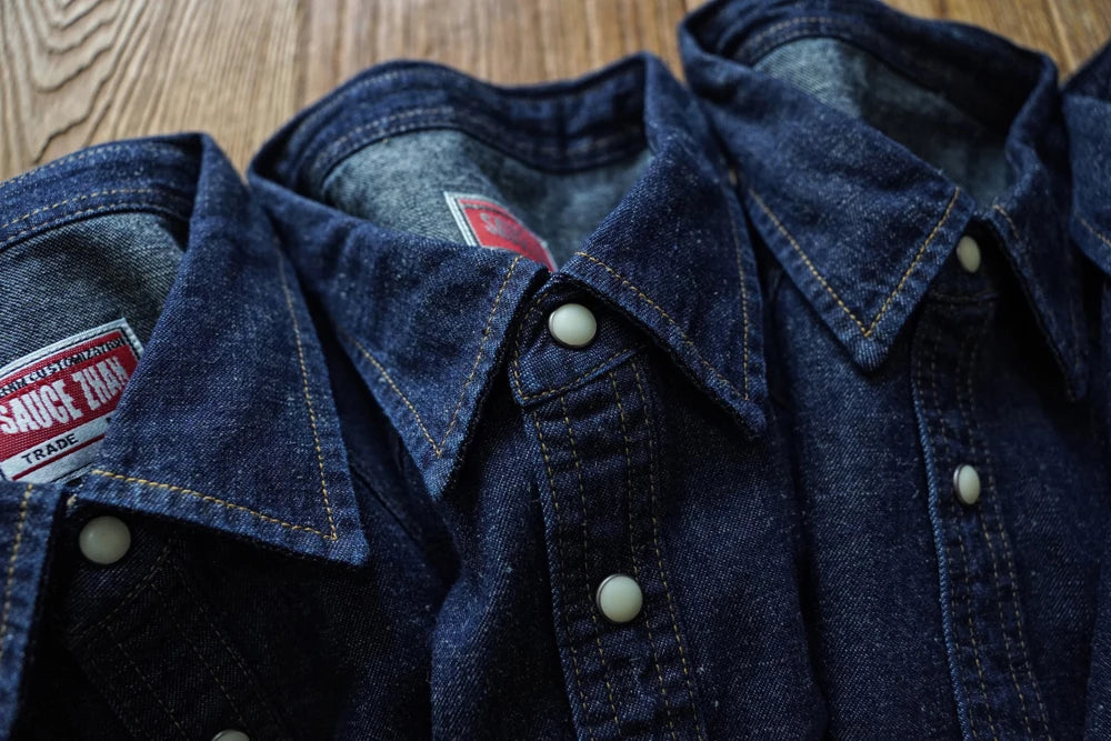 Sauce Zhan Mens Shirts Summer Short Sleeve Vintage Linen Indigo Denim Shirt Double Pockets Regular Fit