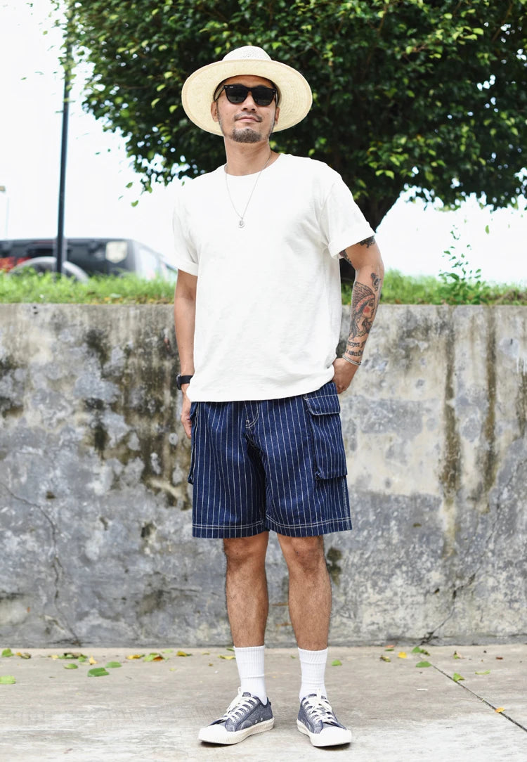 Sauce Zhan Mans Short Summer Cargo Shorts Men Stripe Denim Short Multiple Packets Vintage Knee Length Loose shorts Fit