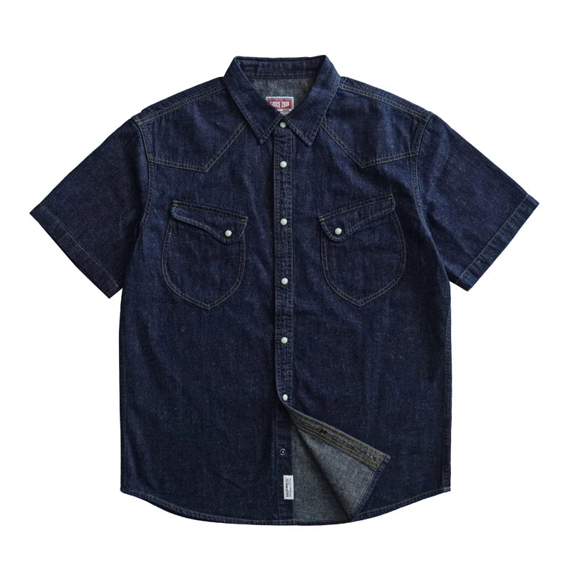 Sauce Zhan Mens Shirts Summer Short Sleeve Vintage Linen Indigo Denim Shirt Double Pockets Regular Fit