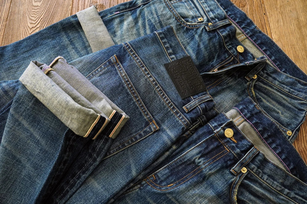 Sauce Zhan Mens Jeans Distressed Wash Jeans for Men Selvedge Denim Regular Fit Straight Leg 14.5 Oz