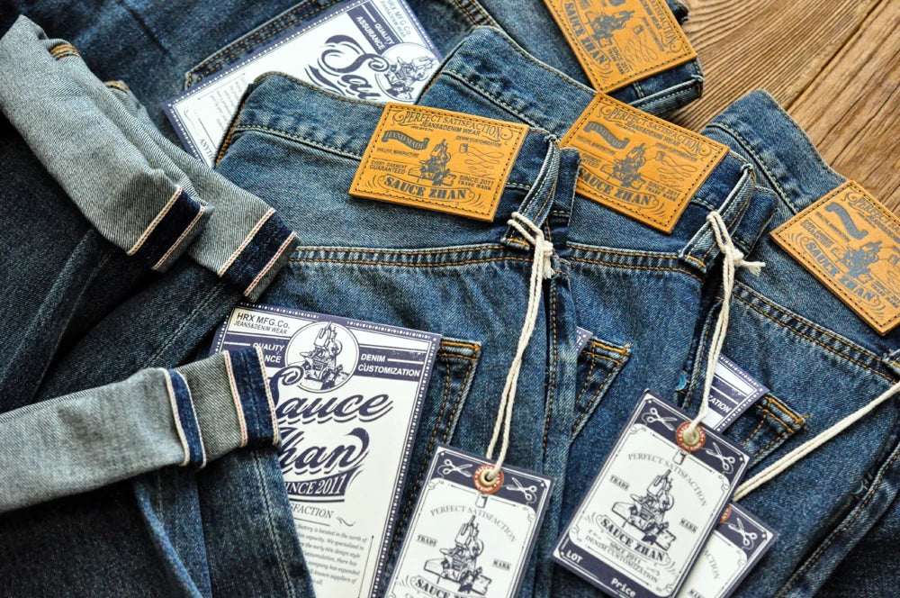 Sauce Zhan Selvedge Denim Jeans Men Ripped Jeans Embroidered Patches Cargo Jeans Distressed Straight Fit 10 Oz