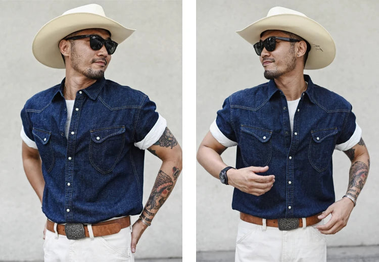 Sauce Zhan Mens Shirts Summer Short Sleeve Vintage Linen Indigo Denim Shirt Double Pockets Regular Fit
