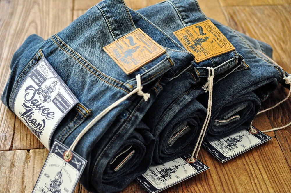 Sauce Zhan Selvedge Denim Jeans Men Ripped Jeans Embroidered Patches Cargo Jeans Distressed Straight Fit 10 Oz
