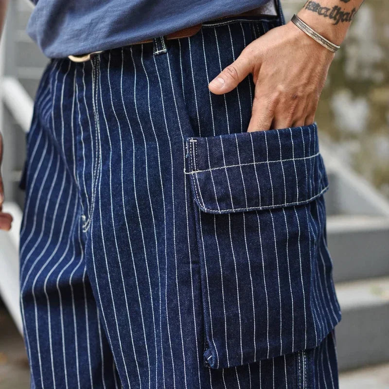 Sauce Zhan Mans Short Summer Cargo Shorts Men Stripe Denim Short Multiple Packets Vintage Knee Length Loose shorts Fit