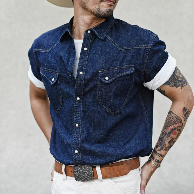 Sauce Zhan Mens Shirts Summer Short Sleeve Vintage Linen Indigo Denim Shirt Double Pockets Regular Fit