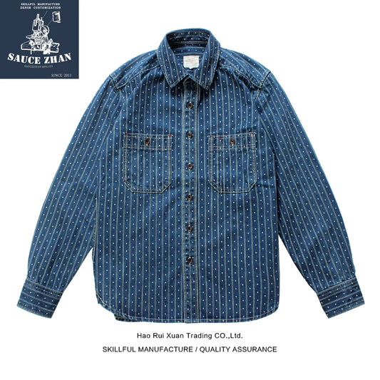 SauceZhan Chambray shirt men shirt Wabash Stripe shirt Work Shirt Selvedge Jeans Shirt Denim Vintage longsleeve shirt for men