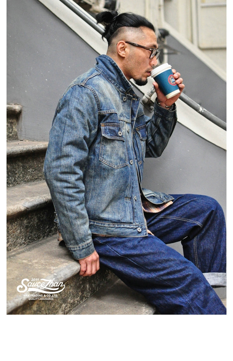 SAUCE ZHAN  Distressed Denim Jacket  Jean Jacket Men Jeans Men  Selvedge Denim Motorcycle Jacket American Casual Wear