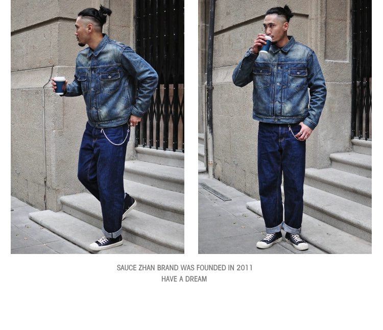 SAUCE ZHAN  Distressed Denim Jacket  Jean Jacket Men Jeans Men  Selvedge Denim Motorcycle Jacket American Casual Wear