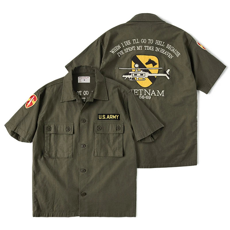 Non Stock Army Vietnam War OG-107 Short Sleeve Shirt Cotton Sateen Embroidery Workshirt