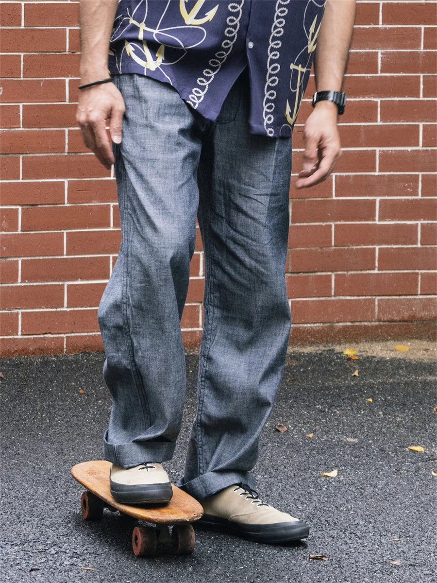 Non Stock Lightweight Chambray Pleated Pants High Rise Loose Straight Leg Men's Leisure Trousers