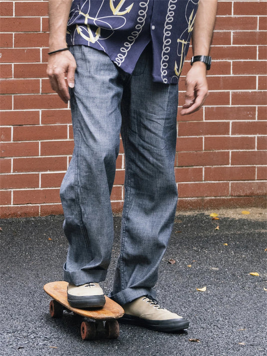 Non Stock Lightweight Chambray Pleated Pants High Rise Loose Straight Leg Men's Leisure Trousers