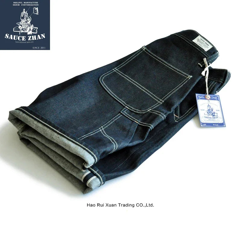 SauceZhan 266XX Mans Shorts Jeans Selvedge Denim Knee Length Mens Jeans Indigo Straight Fit 12.5 Oz