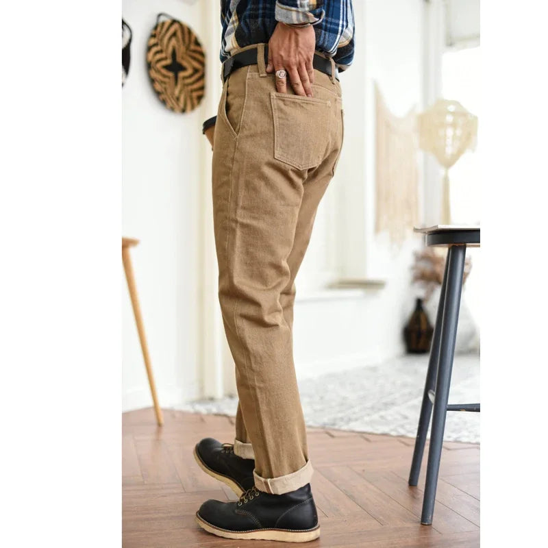 Saucezhan jeans men Selvedge denim jeans vulcanization Khaki jeans pants Autumn and winter cargo pants men  Zipper Fly Casual
