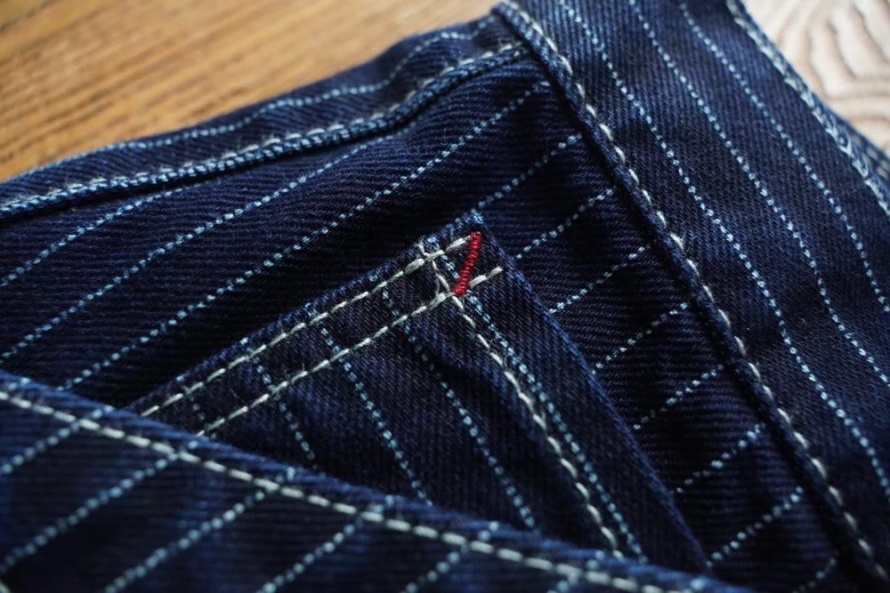 Sauce Zhan Mens Vintage Indigo Wabash Jeans Striped Selvedge Workwear Jeans - Men's American Classic Relax Fit Straight Leg