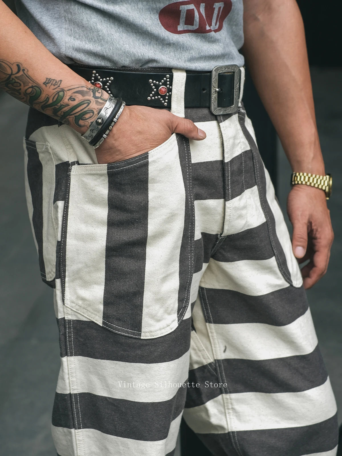 Non Stock Horizontal Stripes Prisoner Pants Vintage Motorcycle Rider Biker Trousers