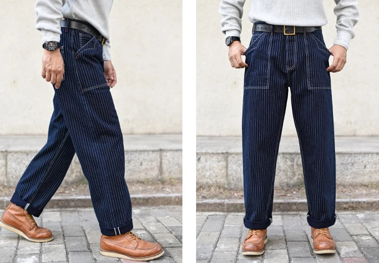Sauce Zhan Mens Vintage Indigo Wabash Jeans Striped Selvedge Workwear Jeans - Men's American Classic Relax Fit Straight Leg