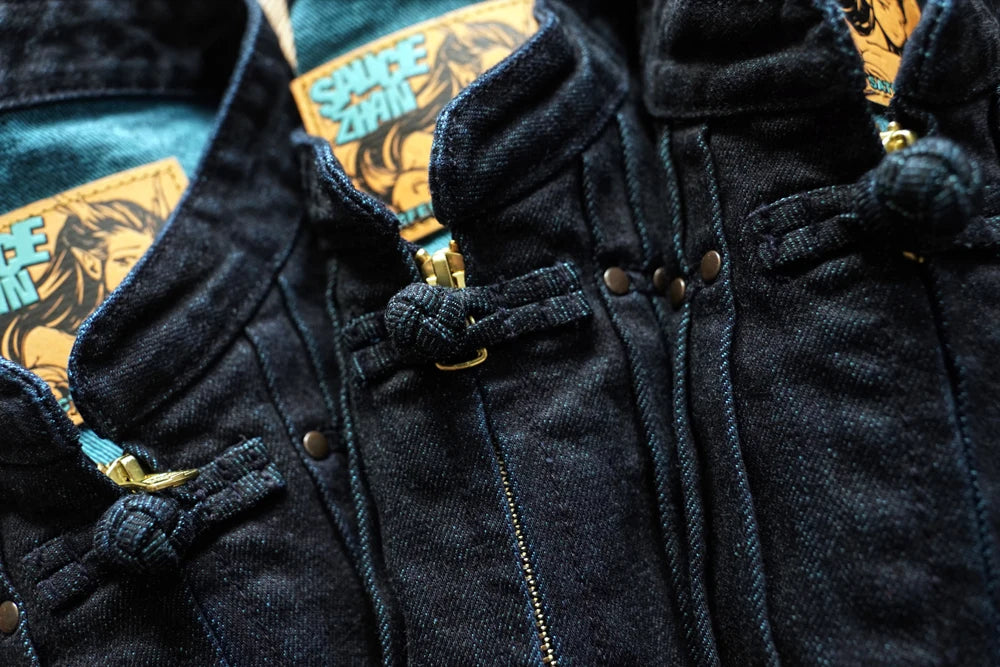 Sauce Zhan Mans Jacket Indigo Selvedge Denim Jacket Jean Jacket Men Vintage Chinese Style Knot Button Loose Fit