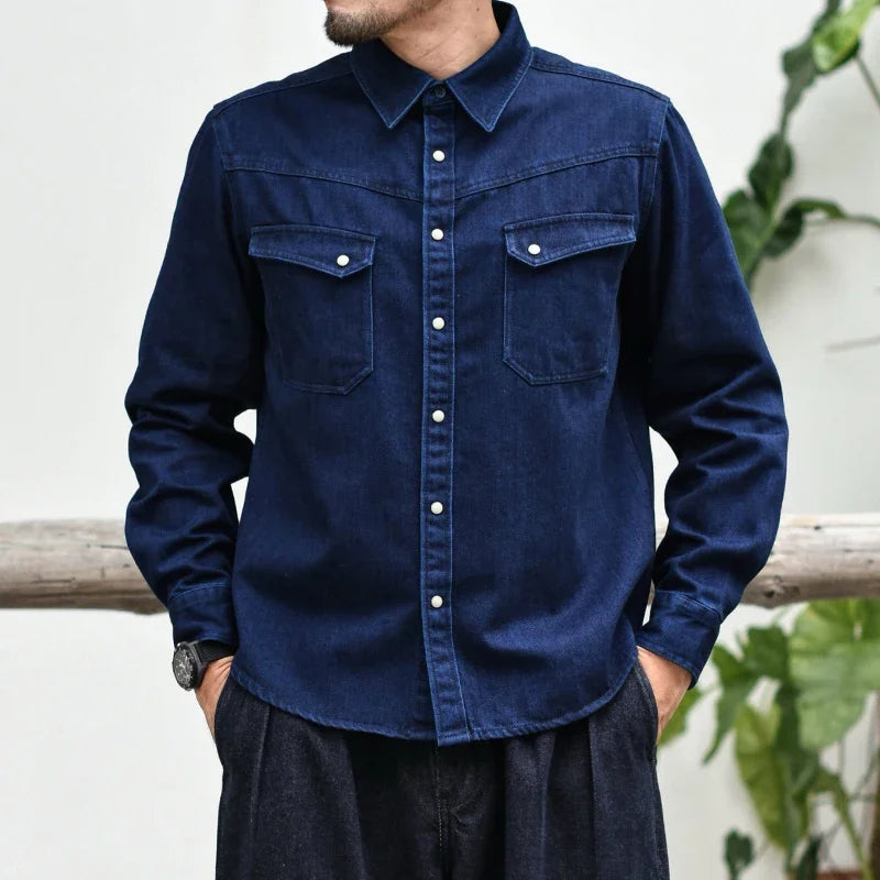 Sauce Zhan Mens Shirt  Westem Cowboy Double Dye Denim Shirt Shirts for Men Long Sleeve Regular Fit