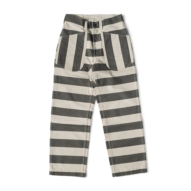 Non Stock Horizontal Stripes Prisoner Pants Vintage Motorcycle Rider Biker Trousers