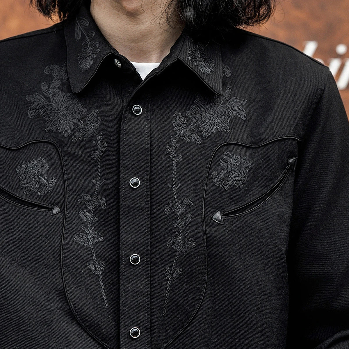 Red Tornado Floral Embroidery Musician Shirt in Black Western Style Rockabilly Country Workshirt for Men