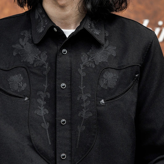 Red Tornado Floral Embroidery Musician Shirt in Black Western Style Rockabilly Country Workshirt for Men