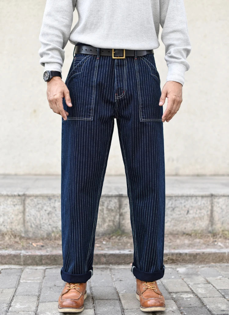Sauce Zhan Mens Vintage Indigo Wabash Jeans Striped Selvedge Workwear Jeans - Men's American Classic Relax Fit Straight Leg