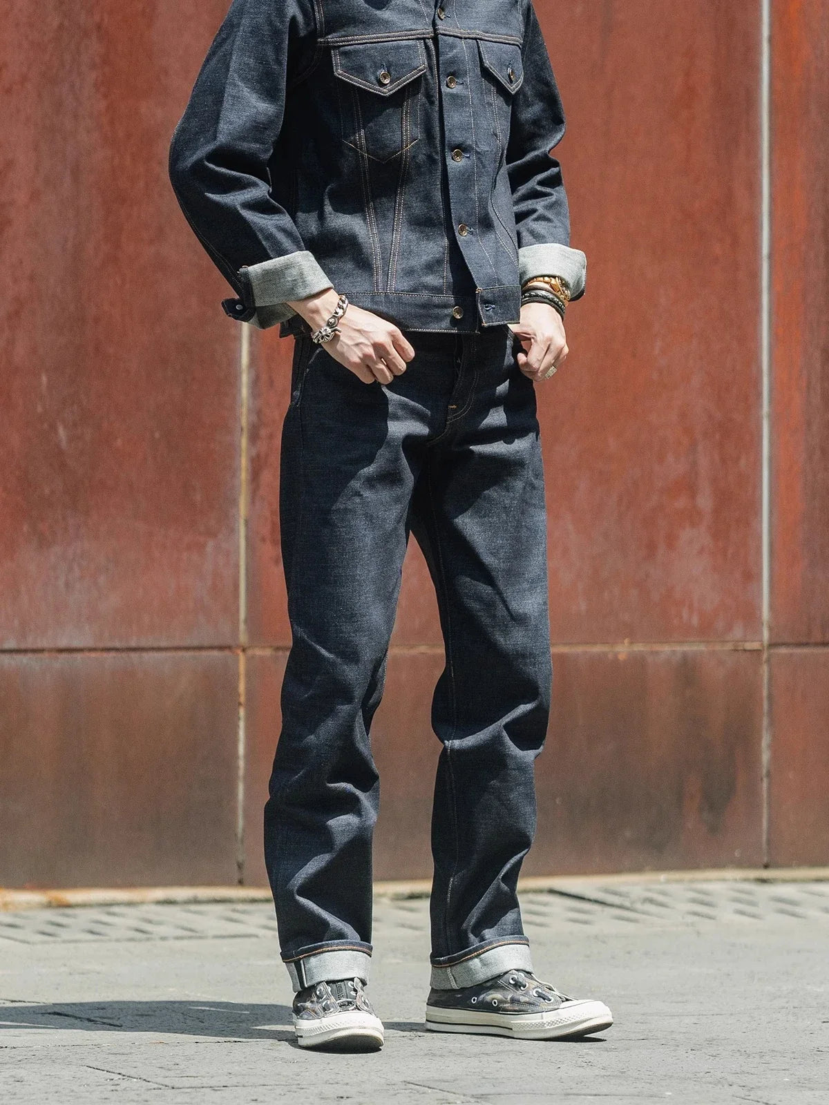 Non Stock Late 1960s Men's Slim Fit Jeans Mid-Rise Selvedge Denim Pants Dark Blue