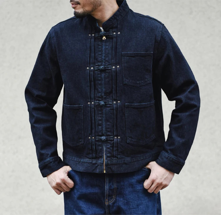 Sauce Zhan Mans Jacket Indigo Selvedge Denim Jacket Jean Jacket Men Vintage Chinese Style Knot Button Loose Fit