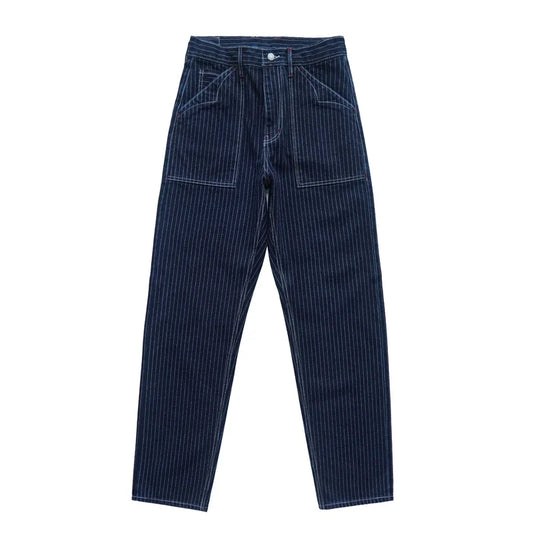 Sauce Zhan Mens Vintage Indigo Wabash Jeans Striped Selvedge Workwear Jeans - Men's American Classic Relax Fit Straight Leg