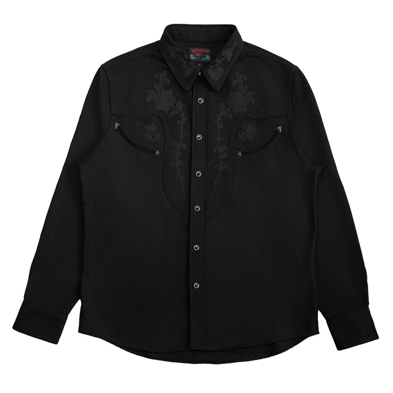 Red Tornado Floral Embroidery Musician Shirt in Black Western Style Rockabilly Country Workshirt for Men