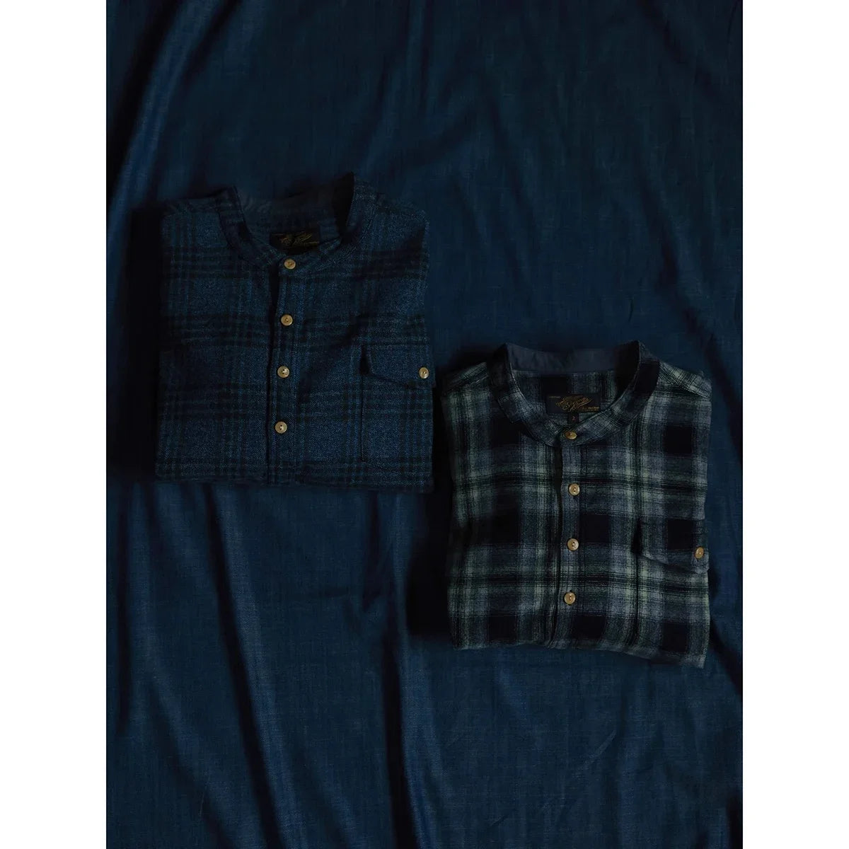 Second Order Band Collar Pocket Plaid Shirt Vintage Men Checked Collarless Flannel Shirt