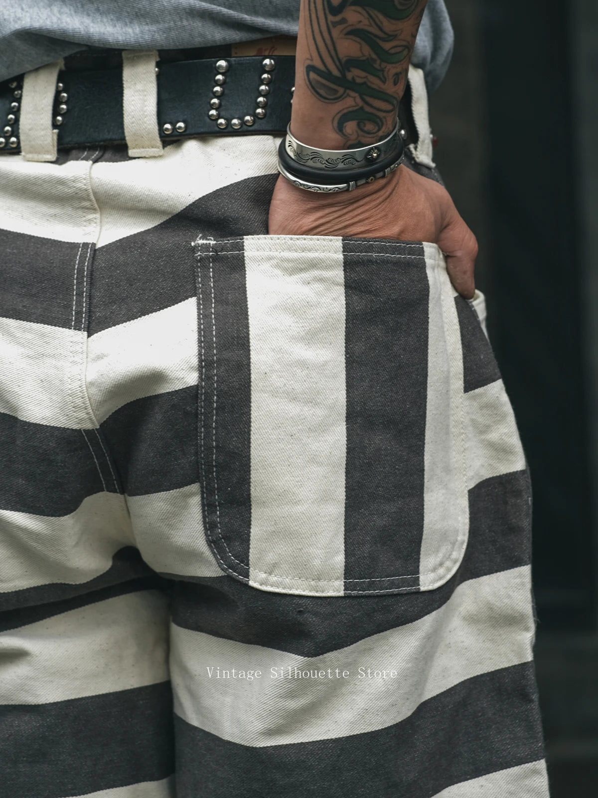 Non Stock Horizontal Stripes Prisoner Pants Vintage Motorcycle Rider Biker Trousers
