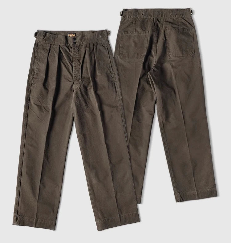 Non Stock 1960s Military-Inspired Chino Pants Cotton Twill Pleat Casual Trousers