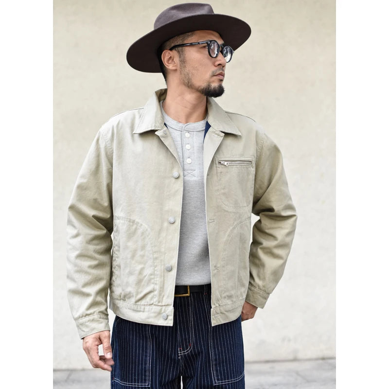 Sauce Zhan  Men's Workwear Style Canvas Trucker Jacket in Amekaji Fashion Regular Fit