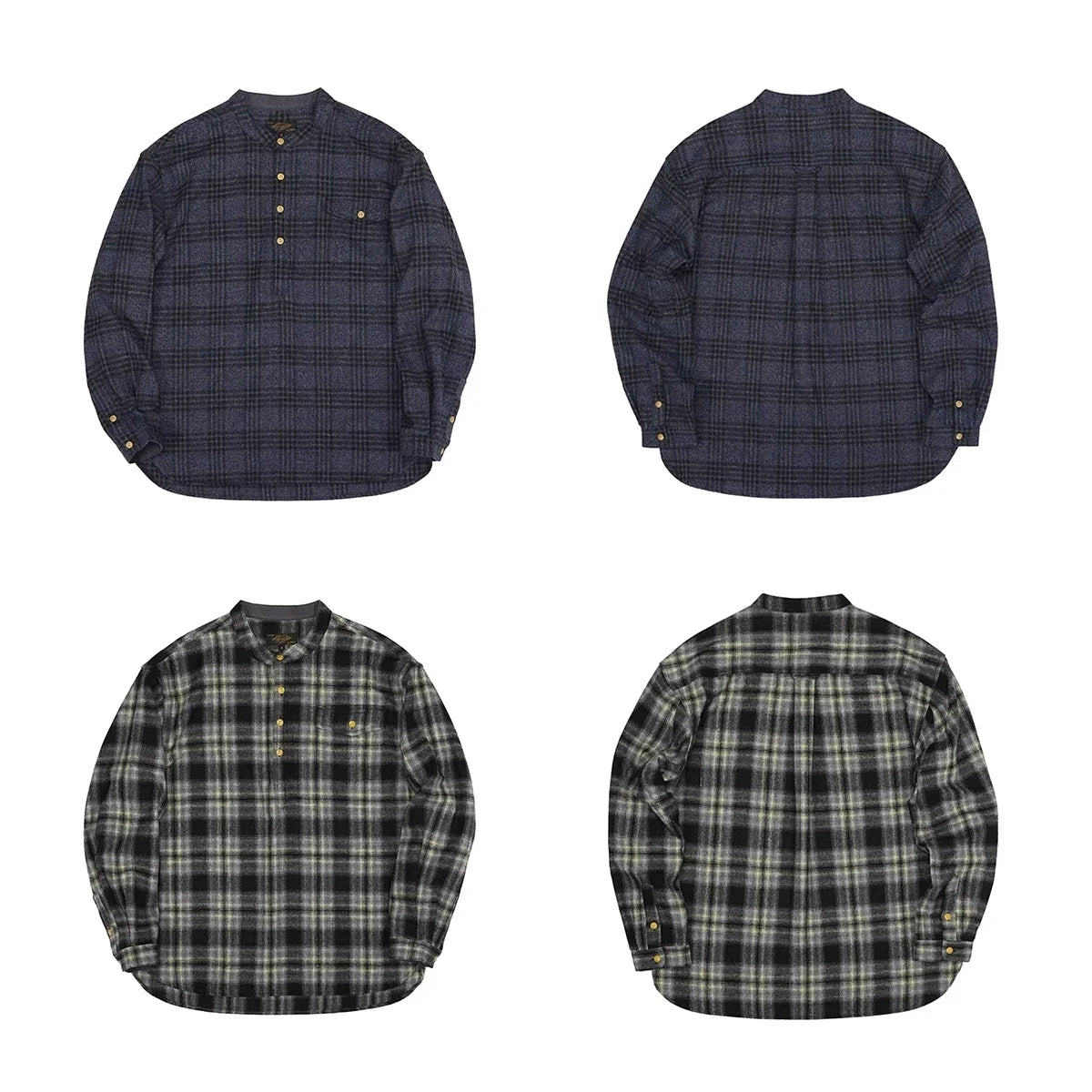 Second Order Band Collar Pocket Plaid Shirt Vintage Men Checked Collarless Flannel Shirt