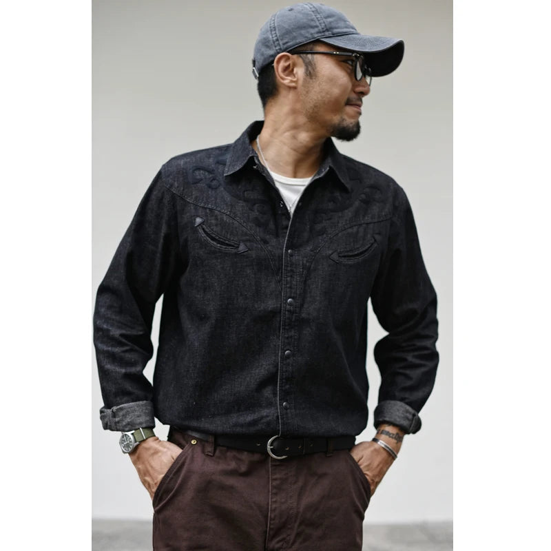 Sauce Zhan Men's Denim Shirt Linen Long Sleeve Shirt for Man Black Western-style Denim Shirt for Autumn Floss Silk Embroidery