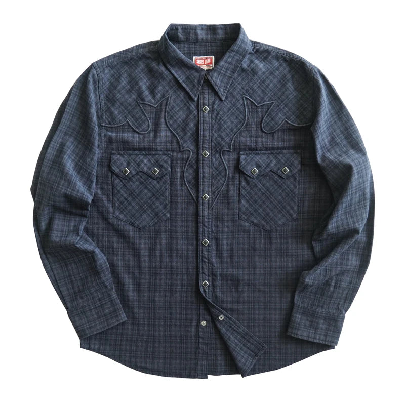 Sauce Zhan Men's Shirts  Men's Autumn Long Sleeve Vintage Western Plaid Work Shirt Loose Fit