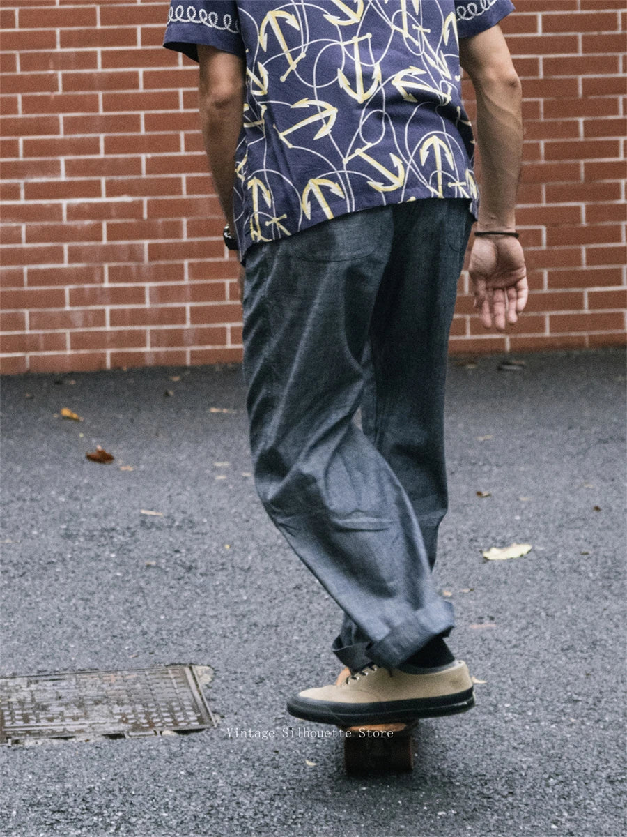 Non Stock Lightweight Chambray Pleated Pants High Rise Loose Straight Leg Men's Leisure Trousers