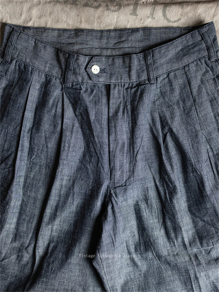 Non Stock Lightweight Chambray Pleated Pants High Rise Loose Straight Leg Men's Leisure Trousers